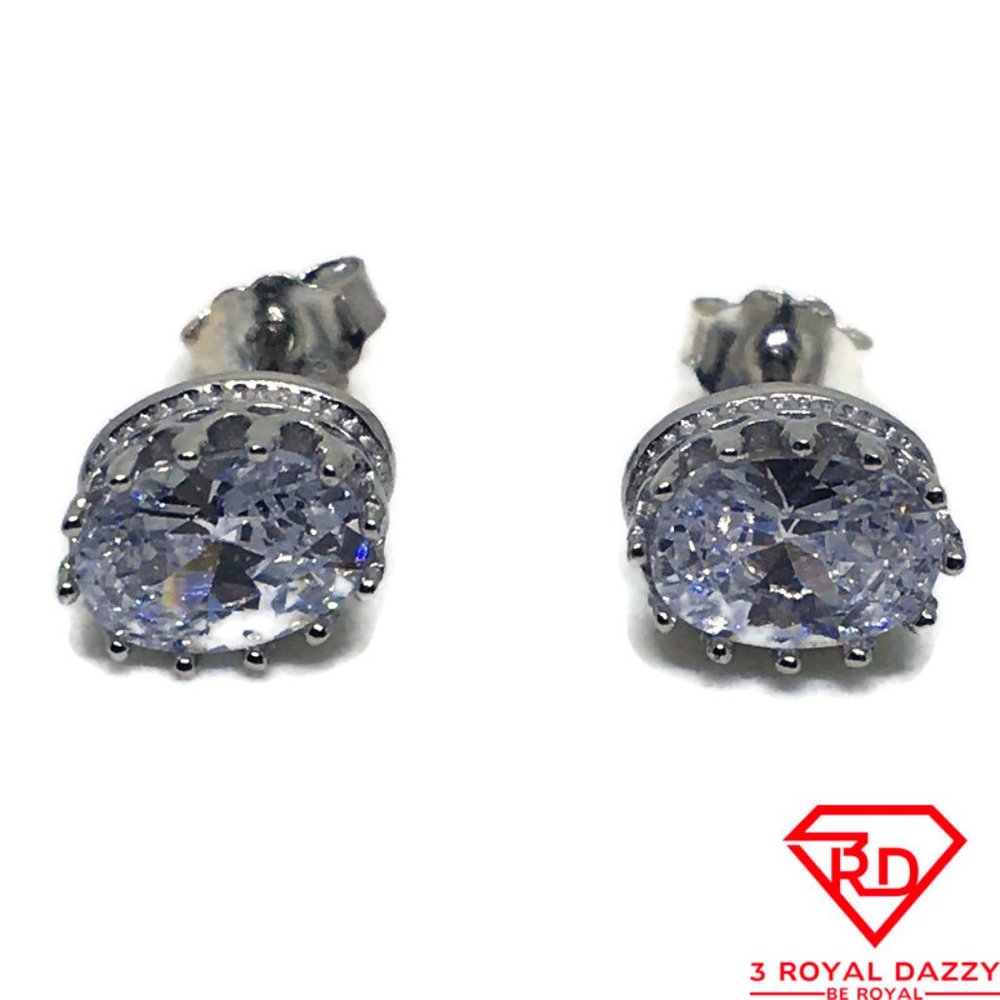 Crown set Oval White CZ stud Earring 14k gold